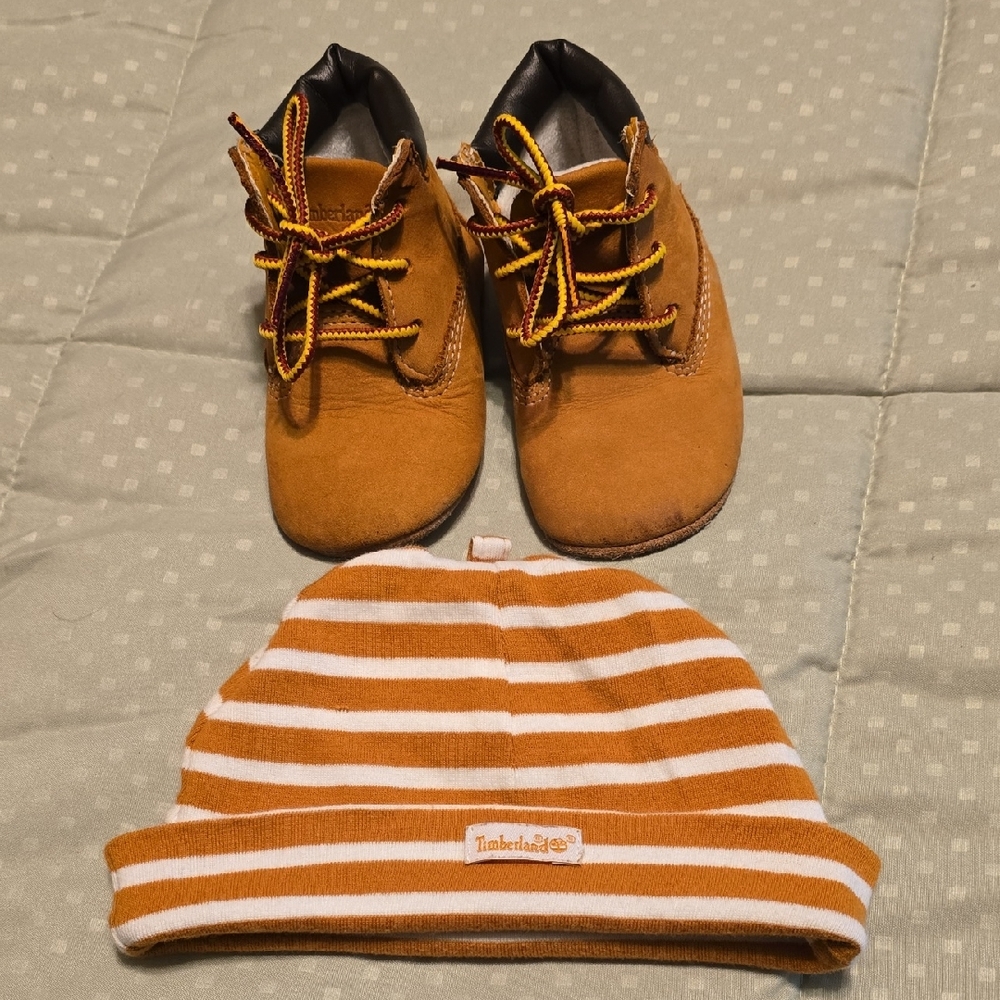 Timberland Tan Baby Bootie And Baby Hat